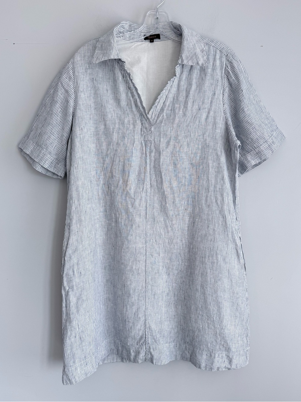 Quince 100% European Linen Popover Mini Dress Blue Pinstripe M Summer Pockets - Picture 6 of 15